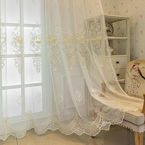 KEKUYA Sheer Voile Vorhang -Gardinen Wohnzimmer Modern mit Ösen Transparente für Schlafzimmer Kinderzimmer Sonnenlichtfilterung 2er Set 229 x 229 cm(BxH) Gelbe Stickerei