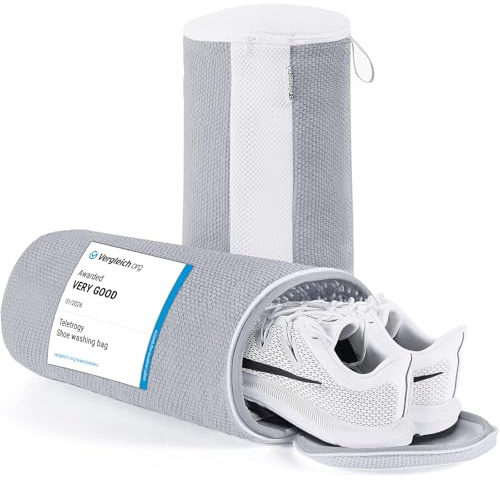 Teletrogy 2 Stycken Tvättpåse för Skor i Tvättmaskin, Skotvättpåse med 360° Rengöringsfluff för Skor, Tvättpåse Sneakers med Dold Dragkedja Återanvändbar, 32 x 18 cm, Grå | Återanvändbar skotvättpåse med dold dragkedja, storlek 46