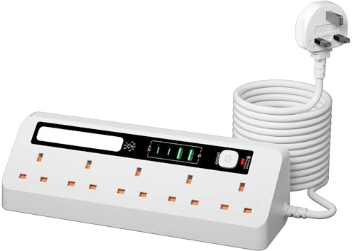 AUNNO Extension Lead with USB Slots, 5 Way Sockets Outlets with 2 USB-A Ports and 2 USB-C Ports, 1.8M Extension Cable with Switch Surge Protected and Adjustable Night Light Bar