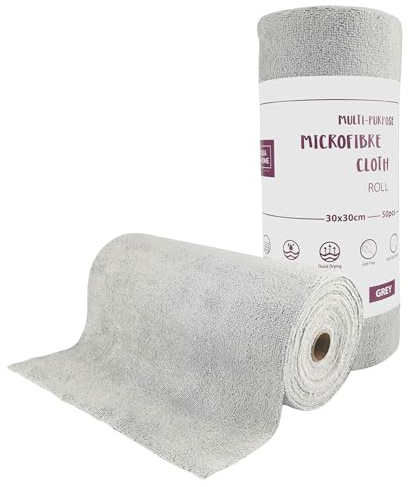 IDEA HOME Microfibre Cleaning Cloths 50 Pieces per Roll - Tear-off Microfibre Cloth 30x30cm - Reusable lint-free Cloths for Car, Kitchen and Home, Grey