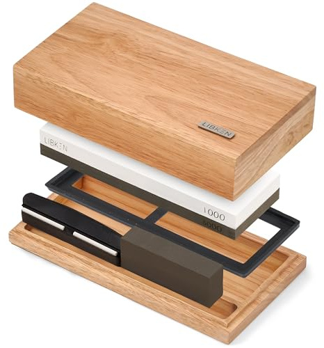 Libken Whetstone Knife Sharpening Stone Kit 1000/6000 Grit with Wooden Box – Wet Stone Sharpener Set for Kitchen Knives, BBQ, Hunting, Pocket, Scissor, Blade, Razor – Angle Guide & Flattening Stone