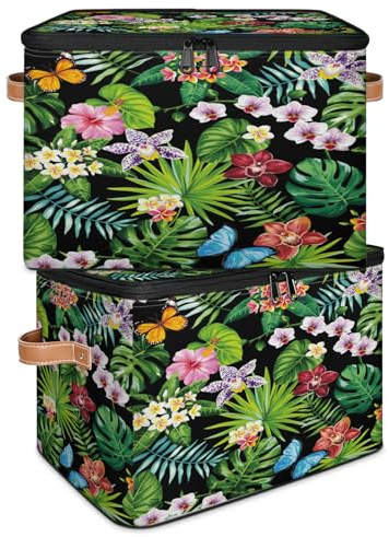 Caja de almacenamiento de flores con hojas de palma tropicales, plegable, cesta de almacenamiento grande con tapa de cremallera, organizador para dormitorio, hogar, guardería, juguetes, ropa, juego 1