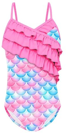 Lito Angels Mädchen Fischschuppe Badeanzug, 4–10 Jahre | One-Shoulder-Rüsche, Fischschuppenmuster, verstellbarer Träger, einteiliger Badeanzug