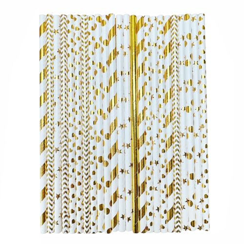 YAOSHENG [100 Pack] Golden Paper Straws Disposable 100% Biodegradable Multi-Pattern Party Straws For Birthday, Wedding and Holiday Decoration (golden)