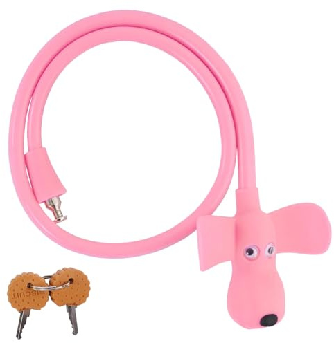 Puppy-Biscuit kabellås, barncykellås, barncykellås med nyckel, cykeltillbehör barn täckt med silikonbeläggning, längd 10 cm, för cykel, dörr, skateboard, hjälm och mer, rosa