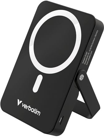 Verbatim Charge 'n' Go MagSafe Powerbank 10.000mAh Schwarz 15W magnetisch, PD 20W Schnellladen, LED-Anzeige, Ständer klappbar, Glasoberfläche, für iPhone 17/16/15 Pro, Galaxy S25 - inkl. USB-C Kabel