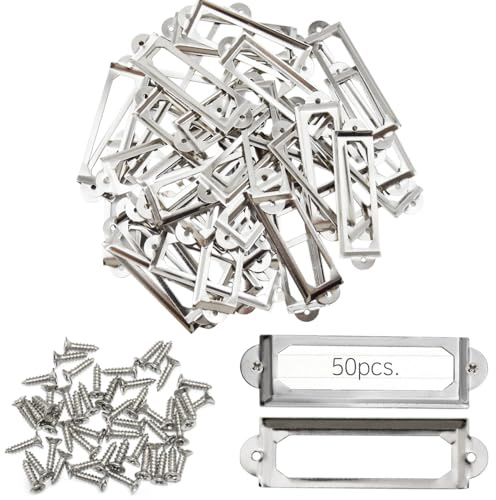 Ruidee 50 Stück Etikettenhalter aus Metall, 60 x 17 mm, Etikettenrahmen für Karten (Etikettenhalter mit Schrauben) für Möbel, Schubladen, Schränke, Bücherregal, Namenskarte (IBQK-Silver-60)