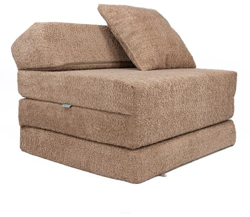 FORTISLINE Klappmatratze mit Kopfteil 200x70x10 cm - 3-teilige Faltmatratze als Gästebett und Reisematratze, Teddy-Stoff Bouclé, inkl. Kissen, waschbarer Bezug, Oeko-TEX Standard 100