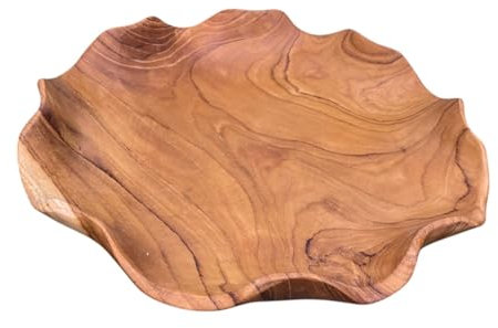 Only Colours 28cm Large Wooden Bowl - Handcrafted Teakwood Serving, Salad, Fruit, or Decorative Bowl for Kitchen, Nibbles, Snacks and Pot Pourri - Unique, Rustic Design, Natural Teakwood Plate