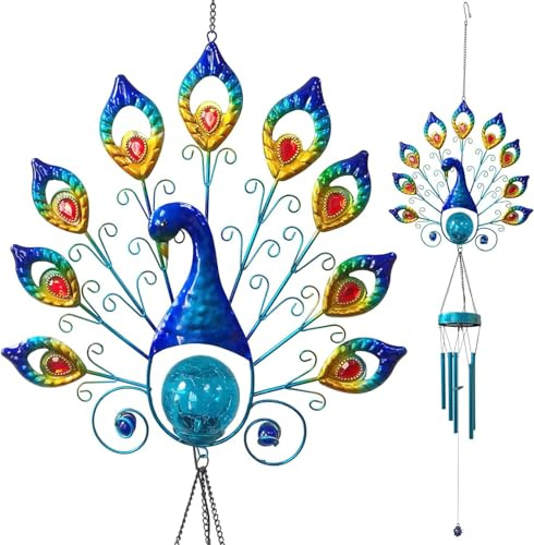 Peacock Solar Windchime - 50 Colorful LED Outdoor Decor with Crackle Glass Balls, Waterproof Metal Hanging Chimes for Yard Patio Memorial Gift