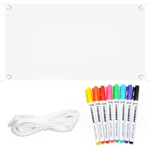 ElevaPulse Banner Selbst Gestalten Set, Banner 150cm x 100cm Mit 6m Hängendem Seil Und 8 Textilstiften, Weiß, Polyester, DIY Painting, Weihnachten, Halloween, Ostern, Geburtstag Deko