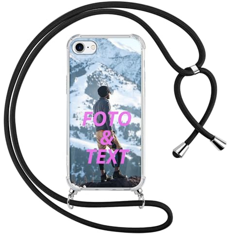 Xylota Personalisierte Handykette Handyhülle für iPhone 17e / iPhone 16e mit Band, Personalisiert Hülle mit Selbst Gestalten Bild Text Foto, Design Schwarz Silikon Schutzhülle für iPhone 16e 6,1''