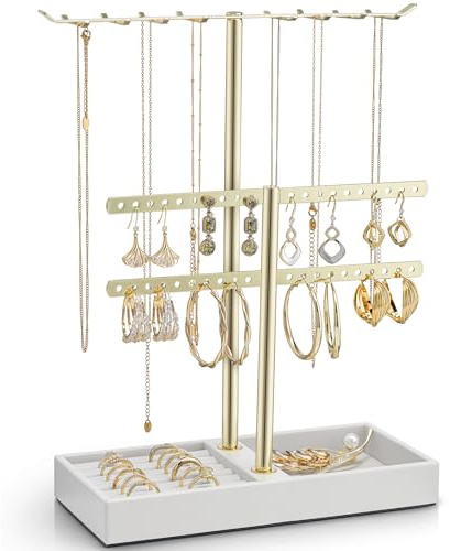Vlando Organisateur de bijoux 3 étages Porte-bijoux doré avec support à chaînes en métal pour femmes - Présentoir à bijoux pour colliers, bagues, boucles d'oreille, bracelets, lunettes de soleil
