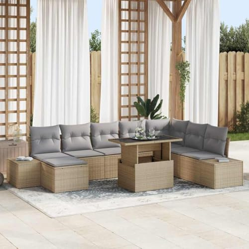 Teenpull trädgårdssockset med kudde, 9 delar, beige och ljusgrå, modern poly-rotting för utomhusbruk, UV-beständig, med förvaringsfunktion, hållbar loungesoffa