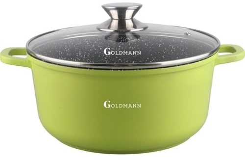 GOLDMANN Premium Gussaluminium Kochtopf 24 cm (4.5L) – Keramik-Marmor Antihaft-Kasserolle mit Glasdeckel, geeignet für alle Herdarten inklusive Induktion, PFOA-frei & spülmaschinengeeignet