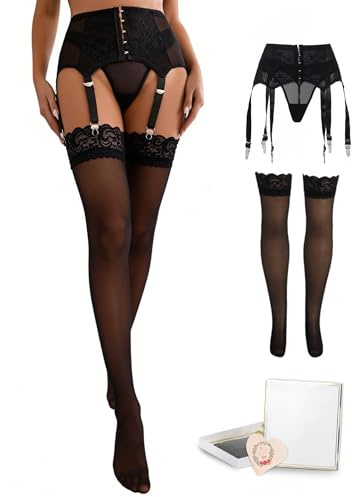 comeondear Liguero Sexy Mujer con Medias de Encaje, Transparente Talla Grande, Ligas de Cintura Alta con 6 Pinzas - Ajustables Tirantes - con Tanga, Conjunto Lencería Transpirable 2-Negro,3XL-4XL
