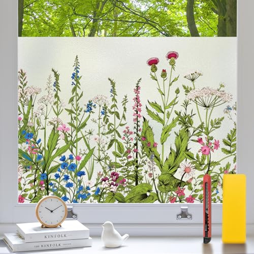 Niviy Fensterfolie Blickdicht Blumenmuster 44.5X200CM Milchglasfolie | Sichtschutzfolie statisch haftend, Anti UV Sonnenschutz, wiederverwendbare Glasfolie für Badezimmer Wohnzimmer Büro Küche