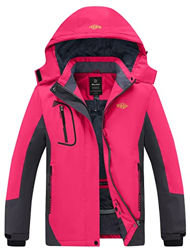 Wantdo Varm skidjacka för kvinnor med fleece, vattentät snowboardjacka, med huva, bergsrock, vindtät regnrock, Rosenröd, M