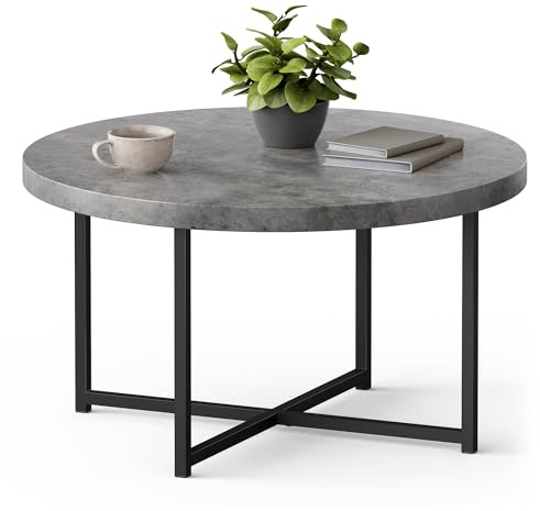 VonHaus Coffee Table for Living Room, Round Grey Concrete Look