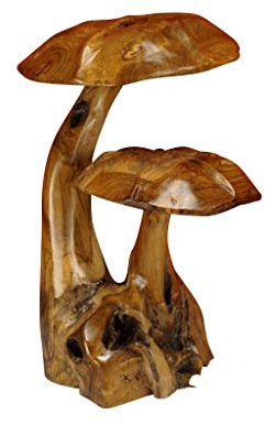 Kinaree 2er Wurzelholz Skulptur Pilz aus Teakholz ca. 45-55 cm – Handgefertigte Holz Skulptur als Garten- & Wohndeko – Massivholz Unikat aus Indonesien