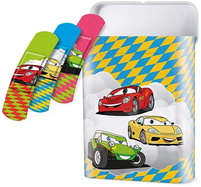 40 Pflaster-Strips Box 5,6 cm x 1,9 cm - mit 3 Kids-Like Auto Motiven für eine schnelle Heilung, wiederverwendbaren Zinkbox, 2er Pack (2 x 1 Stück)