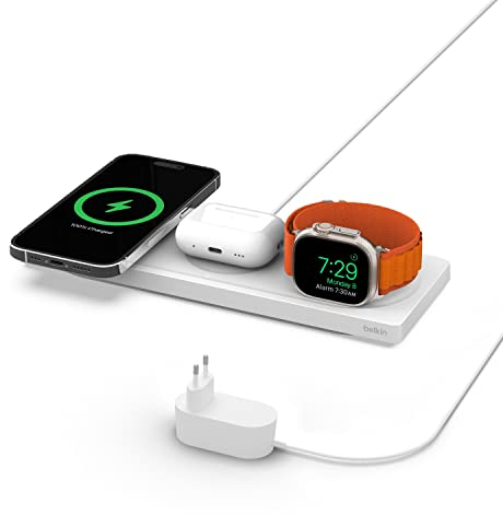 Belkin Caricabatteria wireless 3 in 1 con MagSafe, tappetino di ricarica rapida MFi, caricatore wireless per iPhone 16, 15, 14, 13, 12, Apple Watch 9, 8, 7, Ultra e precedenti, AirPods 2, Pro