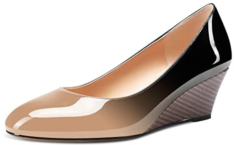 Aachcol Femmes Compensé Escarpins Mi Talon Heel Fermé Rond Bout Slip-on Mariage Bureau Dress Chaussures 5 CM Beige Noir Vernis 39 EU