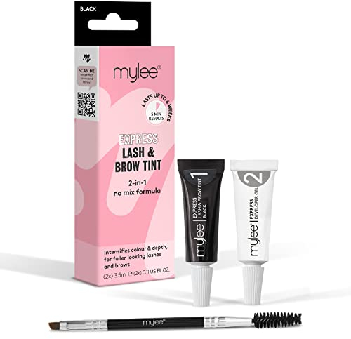 Mylee Express Lash & Brow Kit – 2 in 1 No Mix Formula, Tint + Developer Gel + Double Sided Brush, Professional Eyelash & Eyebrow Dye Tinting, Long Lasting, Semi-Permanent, Fast & Easy (Black)