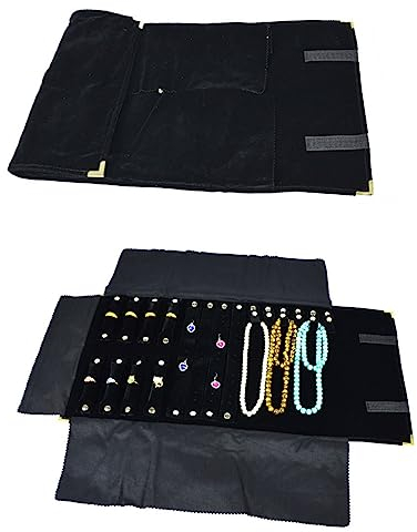 Borsa a Rullo per Organizer per Gioielli, Rotolo Pieghevole per Gioielliere Grande Capacità e Pratico Portatile,per Più Collane, Braccialetti (Flannel, Black2)1