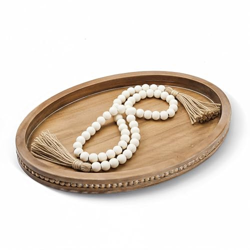 16 x 11.8 Oval Wood Decorative Tray with 58 Bead Garland, Farmhouse Coffee Table & Kitchen Island Décor, Rustic Brown Entryway Console Tray for Styling, Candles & Small Items