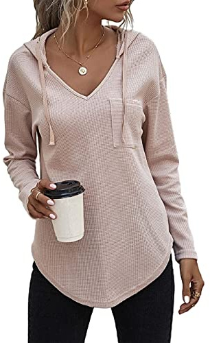 Cuptacc Knitted Hoodies For Women Uk Waffle V Neck With Pocket Long Sleeve Sweatshirts Chic And Elegant Women Tunics With Drawstring Apricot S