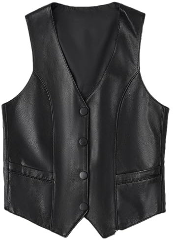 Hdhdeueh Damen Kurze Lederweste Knopf Schwarz Schaffell Ärmellos Jacke, Polyesterfutter, 46