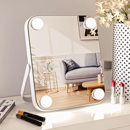 Hollywood Schminkspiegel mit Beleuchtung, 10 x12 Hollywood Spiegel mit mit 4 Dimmbare LED Licht Tischspiegel Kosmetikspiegel Make up Spiegel Touch Control 360° Drehbar USB-C Ausgang Beleuchteter