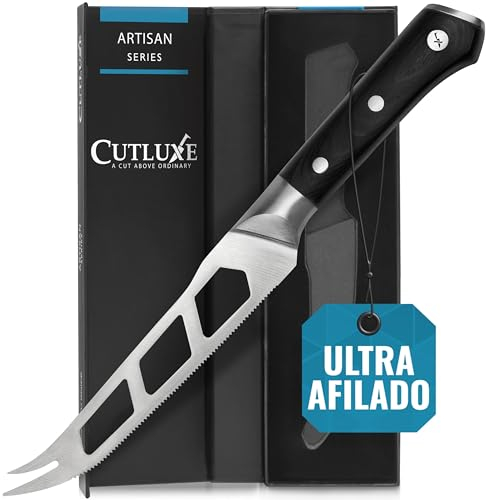 Cutluxe Käsemesser 13 cm für Weich und Hartkäse – Gabelspitze, Gezackt und Antihaftklinge – Hochwertiger Deutscher Karbonstahl – Volltang und Ergonomisches Griffdesign – Artisan Serie