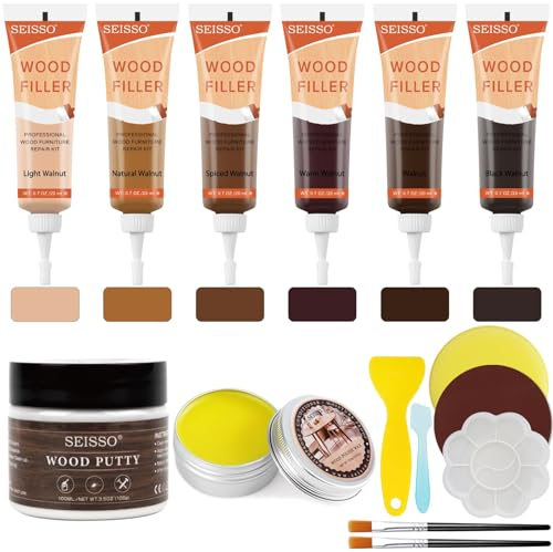 SEISSO Laminat Holz Parkett Reparaturset, 15 Stück Holzkitt Reparaturset mit Holzkitt Möbelwachs Mobel Reparaturset Reparieren Sie einfach Ihre Holzmöbel, Kratzer, Risse, Flecken, Löcher