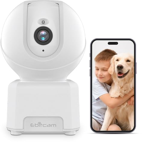 Ebitcam Indoor Camera, 2K Security Camera, 360° Home Camera, Pet Camera, Wifi Camera, Baby Monitor with Smart Tracking, AI Human/Motion/Sound Detection, 2-Way-Talk, Night Vision, Real-Time Alert