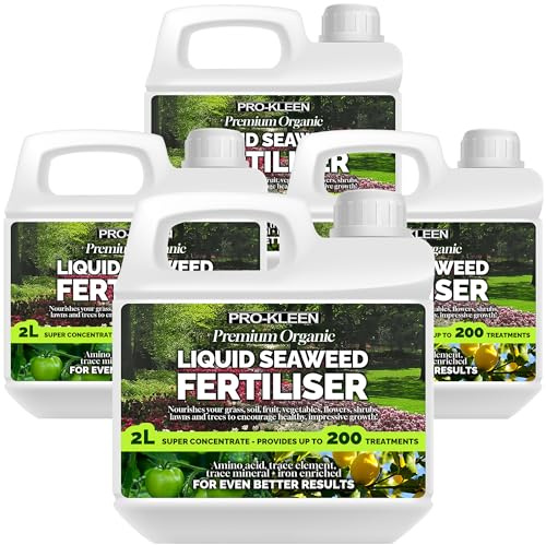 Pro-Kleen Organic Liquid Seaweed Fertiliser 4 x 2L - Ascophyllum Seaweed Extract for Grass, Vegetables, Fruit, Flowers, Shrubs, Lawns & Trees - Concentrated Formula - Provides up to 800 Treatments