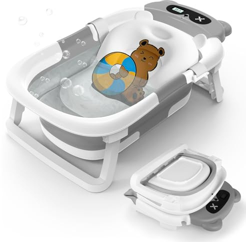 Bañera plegable para bebés de 0 a 12 a 24 meses, adecuada para bebés, con termómetro, para recién nacidos, portátil, para bebé, ahorra espacio, accesorios de baño para bebés
