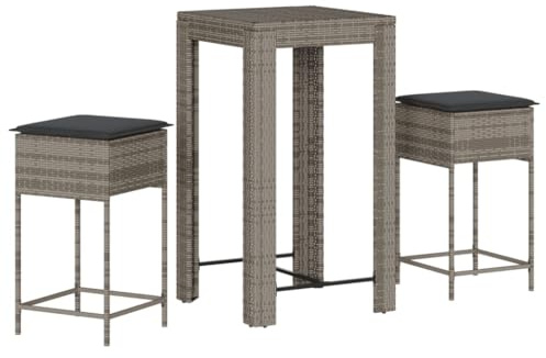 vidaXL Gartenbar Set 3-TLG., Gartenmöbel mit Kissen, Bartisch Stehtisch Barhocker Barstuhl, Theke Bar Tresen Gartentheke Sitzgruppe, Grau Poly Rattan