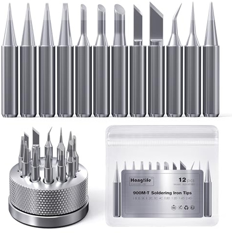 HANGLIFE 900M Soldering Iron Tips with Tip Holder for Hakko, Yihua, Atten, Quick, Ryobi, and More Soldering Stations/Guns - Replacement Solder Tips for Welding Equipment & Accessories (12 pcs)