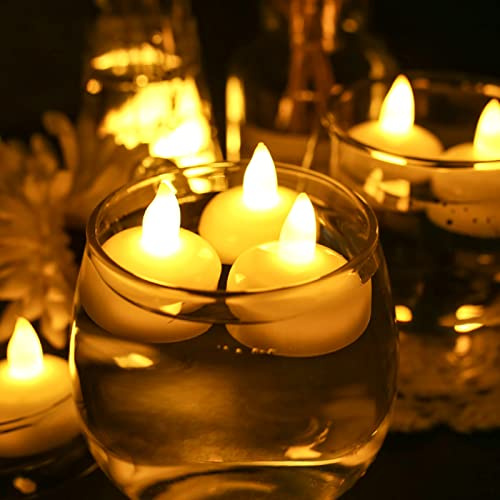 Teynewer 24 Pack Waterproof Flameless Floating Tealights, Warm White Battery Flickering LED Tea Lights Candles for Wedding, Party, Bath, Tub, Spa, Pool, Pond