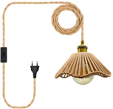 510 CM Lámpara Colgante de Cuerda de Cáñamo con Enchufe e Interruptor, Lámpara Colgante con Pantalla de Cuerda de Cáñamo Tejida a Mano E27, Lámpara Bohemia Rústica - Sin Bombilla