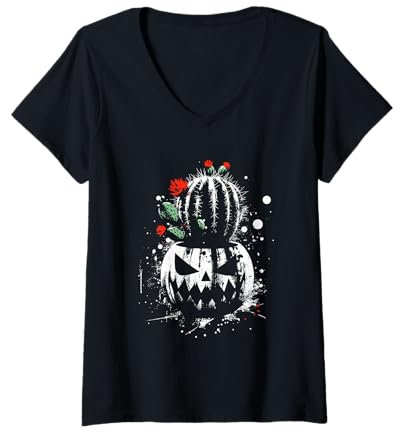 Mujer Jack O' Lantern Cactus - Calabaza espeluznante amante de Halloween Camiseta Cuello V