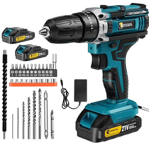 CONENTOOL 21V Akku Bohrschrauber, Schlagbohrschrauber mit 45Nm Drehmoment, 2× 2,0Ah Akkus, 2 Geschwindigkeiten, 25+3 Drehmomentstufen, 30-teiliges Zubehör für Heimwerken, Haus Garten (2025)