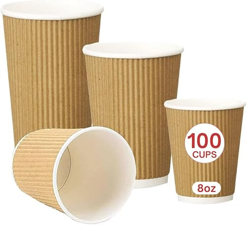 Ask Packaging Disposable Coffee Cups – 8oz x 100 Kraft Brown Ripple Paper Cups (240ml) – Eco Friendly Insulated Leakproof Hot Drink Cups – Ideal for Takeaways, Tea, Cappuccino, Travel, Picnic, Party