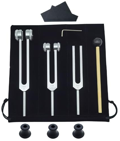 Medizinische Stimmgabel Set aus Aluminiumlegierung - 128 Hz, 256 Hz, 512 Hz Heilungsgerät Stimmgabel Therapie mit Reflexhammer Medizin und Aufbewahrungstasche für Entspannung(Silver)