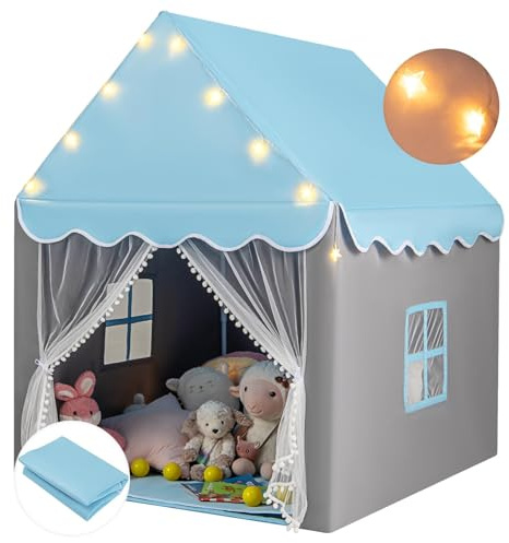 HOMASIS Kinderzelt für Indoor, Spielhaus mit Matte & Sternlichtern & Fenstern & doppeltem Vorhang, Kinder Spielzelt Prinzessin Kinderspielzelt Bettzelt für Mädchen & Jungen (Blau, Warmes Licht)
