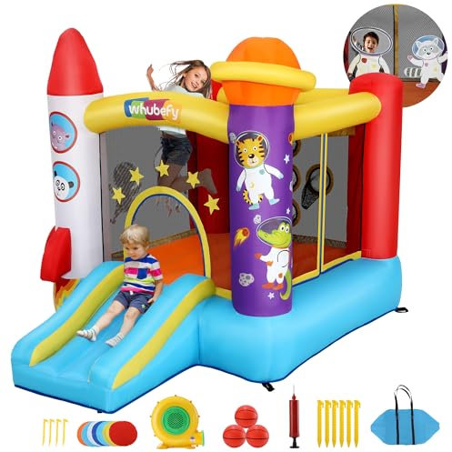 Aufblasbare Hüpfburg mit Rutsche & Gebläs, mit Sicherheitsnetz, Rakete Astronauten Hüpfhaus, für den Innen- und Außeneinsatz, Spielburg für Kinder von 3-6 Jahren, 270x200x205cm