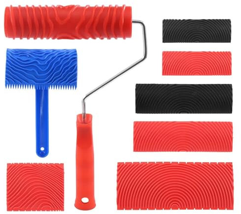 8Pcs Wood Grain Tool Set, Rubber Painting Tool Set, Household Wallpaper Roller, Rubber Empaistic Grain Pattern Roller Painter with Handle for DIY Wall Floor Furniture Room Home Decoration
