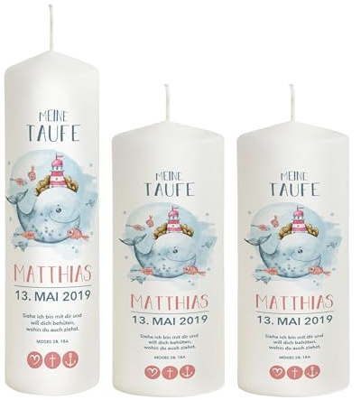 Liamoria® Taufkerze Junge mit Name und Datum Motiv Wal in Blau 25 cm inkl. Taufspruch mit 2 Patenkerzen Lange Brenndauer in weißer Farbe - die perfekte Taufkerzen für Jungen